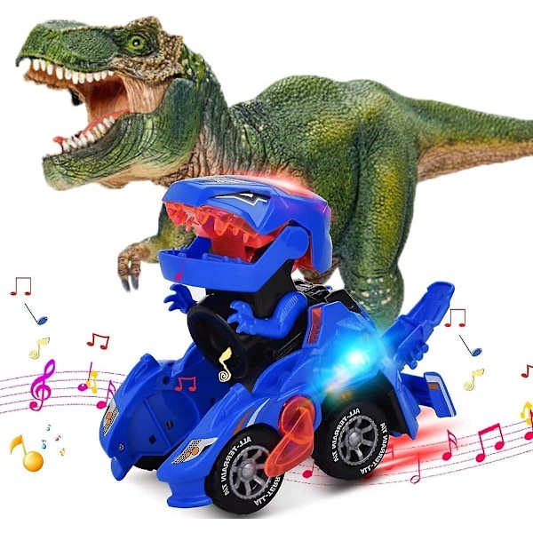 Automatiske Dinosaur Legetøjsbiler med Musik, 2 i 1 Automatiske Dino Biler med LED Lys, Dinosaur Legetøj til Børn 3-5 Blå -