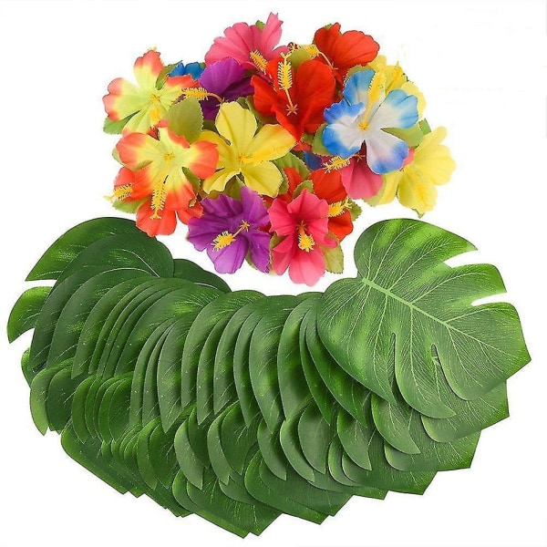 40 stk 8" tropiske imiterte planteblader og hibiskus Hawaiian Party Jungle Beach Temadekorasjoner