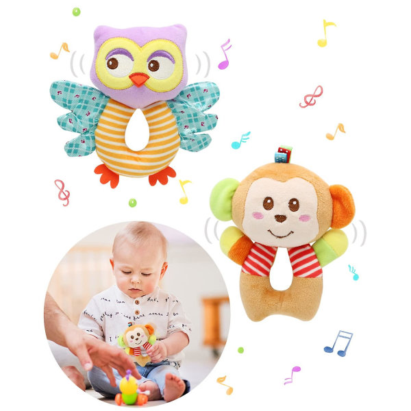 Newborn Baby Soft Rattle, Hand Bracelet Wrist Rattle Toy Foot Finder Sock, Arm Leg Babies Development Toys For Infant Bebe Boy & Girl (owl & Monkey)