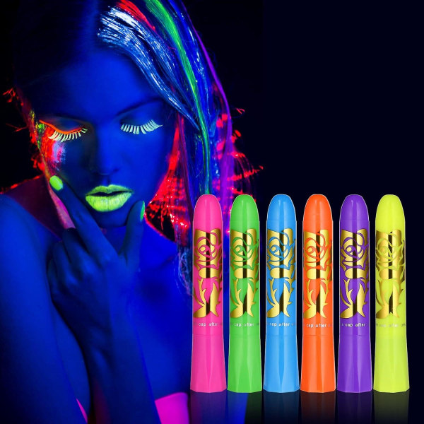 Uv fluorescerende maling, 6 Uv neon farveblyanter til ansigt og krop, vaskbar, giftfri Uv neon malingstift, til festival, fastelavn, Halloween, makeup