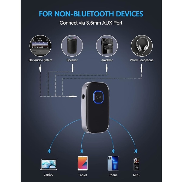 Bluetooth-mottaker for bil, støyreduserende 3,5 mm Aux Bluetooth-biladapter, trådløs lydmottaker for hjemmestereo/kablede hodetelefoner, håndfri telefon