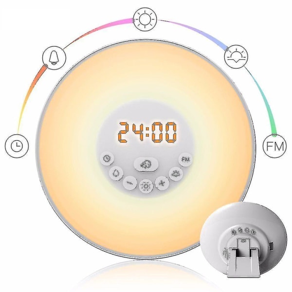 Led-herätyskello Herätys yövalo Auringonnousu Auringonlasku jäljittelee pöytälamppua Fm-radiolla Luonnonäänet Kosketusohjaustoiminto (EU-pistoke)