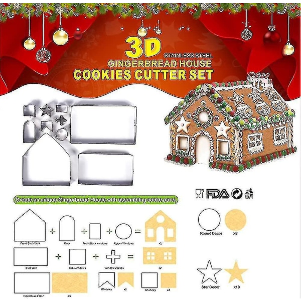 18 stk. Gingerbread House Bageform Jul Rustfrit Stål 3d Tre-dimensionel Cookie Form Diy High-point Bageform med gaveæske