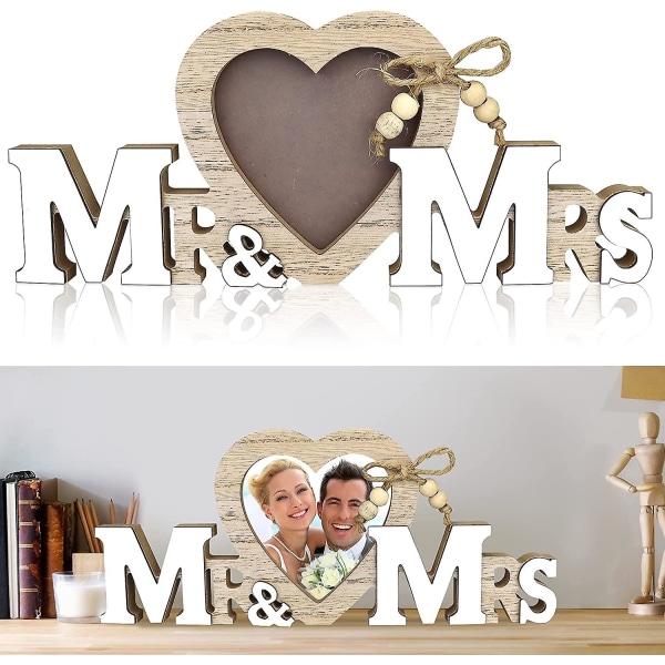 Mr & Mrs bröllopsdekorationer med hjärta fotoram, hjärta trä tavelram Bröllop presenter bildskärm