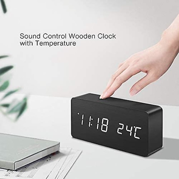 Trä digital klocka - Multifunktions LED-väckarklocka med tid/datum/temperaturdisplay och röststyrning för hemresor (svart_vit)