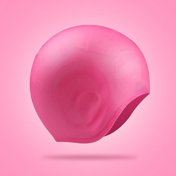 Silikon badehette langt hår 3D ørebeskyttelse ergonomisk design for tenåring-voksen (rosa)