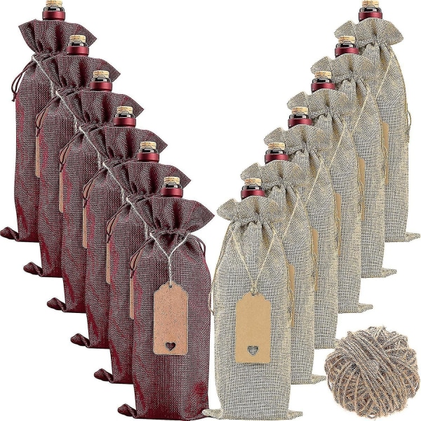 12 kpl säkkikangasviinipusseja Viinilahjapussit, viinipullopussit kiristysnyörillä, etiketit ja köydet, uudelleenkäytettävät viinipullojen kannet