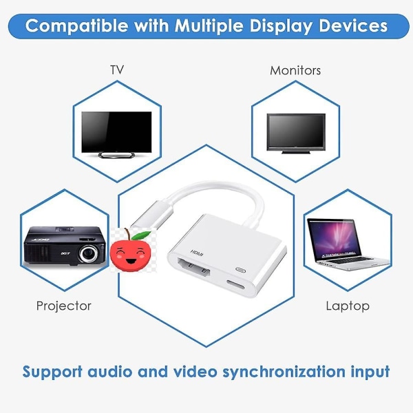 Sopii Apple Lightning Digital AV -sovittimelle Lightning - HDMI -sovitin Apple MFi -sertifioitu HDMI-kaapeliliitäntä 1080p Synkronoi näyttö TV:hen/HDTV:hen/näyttöön