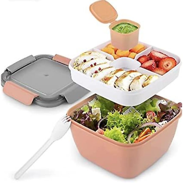 (rosa) Bento Lunchbox för vuxna och barn med 3 fack, dressingbricka, 1100 ml läcksäker salladsskål, sked ingår, lösenord
