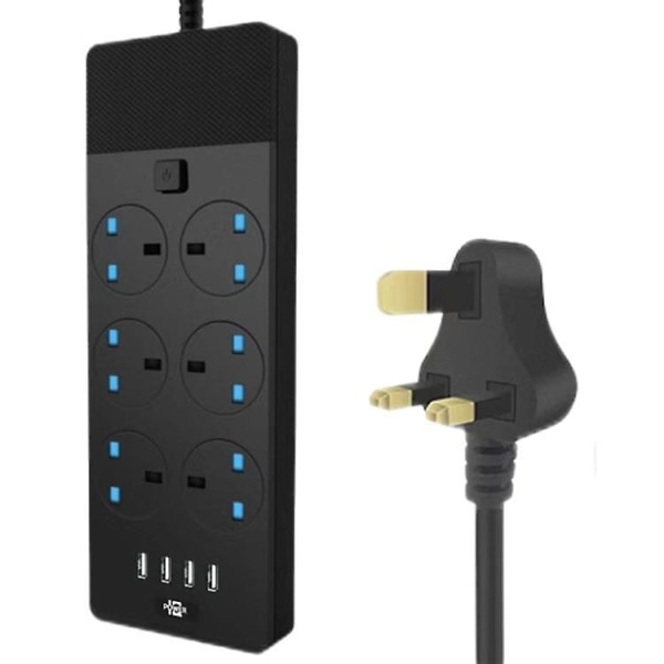 Uk förlängningskabel med 4 (2.1a) USB uttag, 6-gängade eluttag och inbyggd säkring, överspännings- och slutarskyddad 2m/6,5ft väggmonterad förlängningskabel (b)