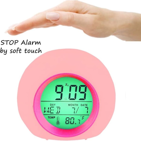 Rosa digital väckarklocka för barn, led med väckningsljus, snooze-funktion, naturliga väckarljud, bakgrundsbelysning, temperatur, display