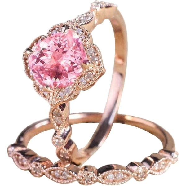 Vintage blomster champagne forlovelsesring Pink diamant bryllup band ring sæt størrelse 12 ringe til kvinder (pink 9)（10）