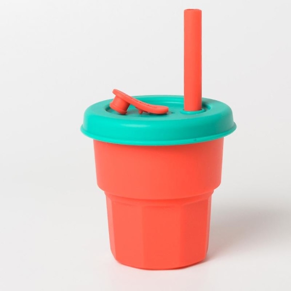 Silikonhalmkoppar för barn Drop- och högtemperaturbeständiga vattenkoppar Röd kopp + grönt cover(400 ml)