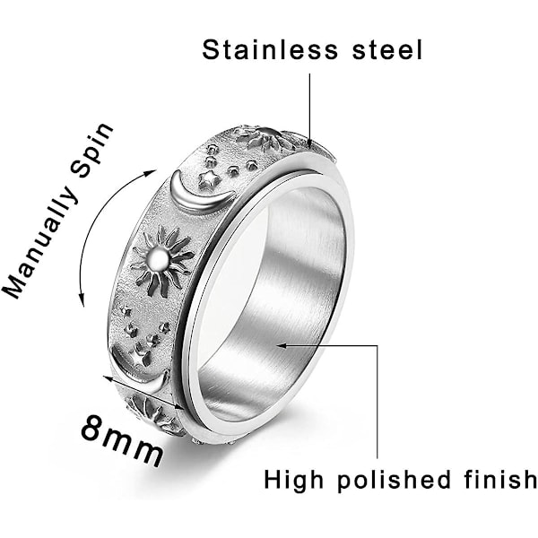 Spinnerring i rustfritt stål for angst - Fidget-ringer for å lindre stress - Angst-ring med sol, måne og stjerner - Løfte- og forlovelsesring - Størrelse 6-12