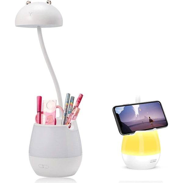 2 i 1 LED skrivebordslampe + nattlys, 5 lysstyrkenivåer, oppladbar leselampe med penneholder