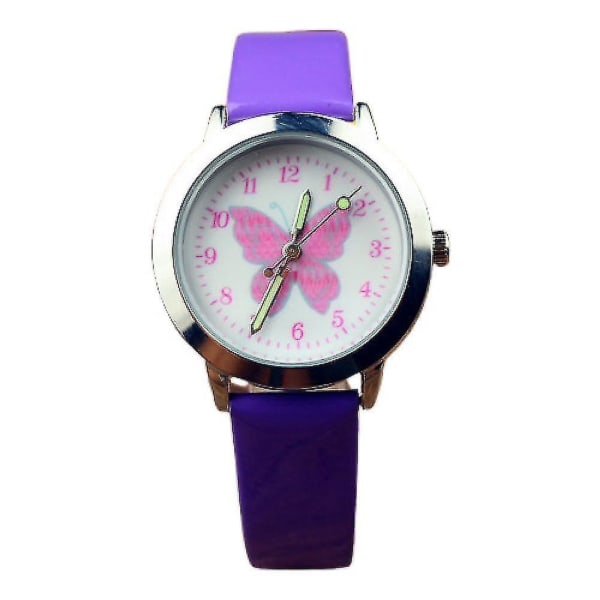 Cute Pink Butterfly Cartoon Children's Watch, Leather Watch Sports Quartz With Luminous Hands, Birthday Gift For Boys And Girlspurple