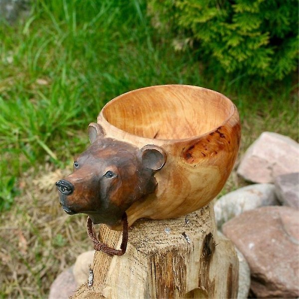Wooden Mug Animal Shape Portable Camping Drinking Cup Hand Carved Outdoor Cup Fox