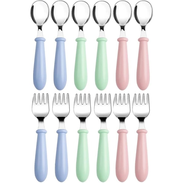 12 delar set i rostfritt stål, 6 x gaffel och 6 x sked för barn Baby hemmaskola (rundt handtag, blågrön rosa)