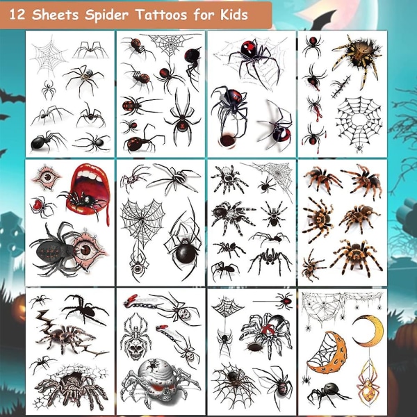 Halloween Spider Tillfälliga tatueringar, 12 ark Halloween-tatueringar 3d Spider-tatueringar för barn Halloween-fest gynnar festivaler