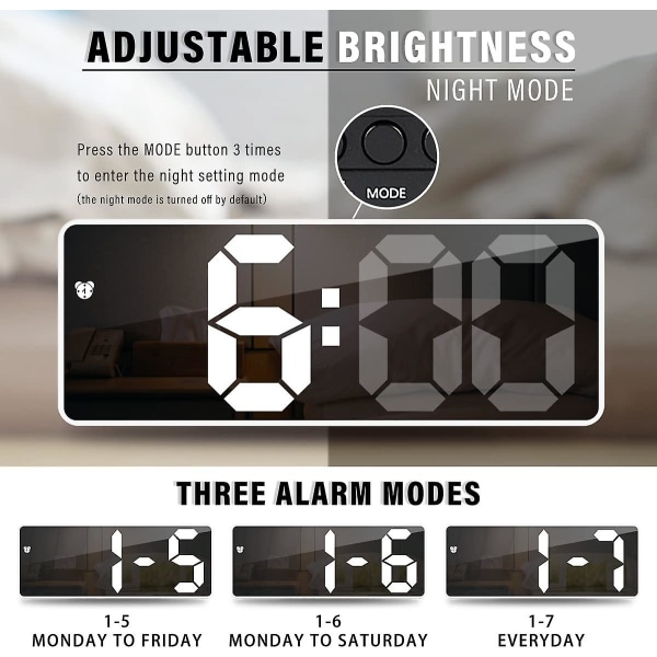 Digital väckarklocka, 6,7" LED-spegel Digital klocka vid sängen Väckarklocka morgon, röstaktiverad/icke tickande/snooze/temperatur/datumtid Justerbar Bri