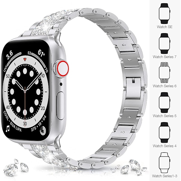 Rem til Apple Watch 38mm 40mm Se Serie 6 Serie 5 4 3 2 1, Bling Udskiftningsarmbånd Iwatch Rem, Diamant Rhinestone Rustfrit Stål Metal Armbånd