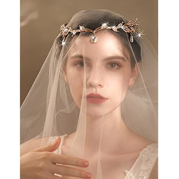 Brudbröllopspannband Kristallhuvudkedja Drop Pendant Headpiece Bladhårtillbehör för kvinnor och flickor (set-b)