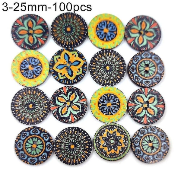100 kpl Boheemi-tyylinen retrokuvioinen pyöreä muoto puiset napit vaatesisustus（25mm)