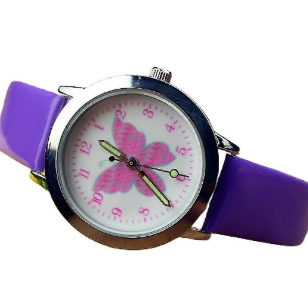 Cute Pink Butterfly Cartoon Children's Watch, Leather Watch Sports Quartz With Luminous Hands, Birthday Gift For Boys And Girlspurple