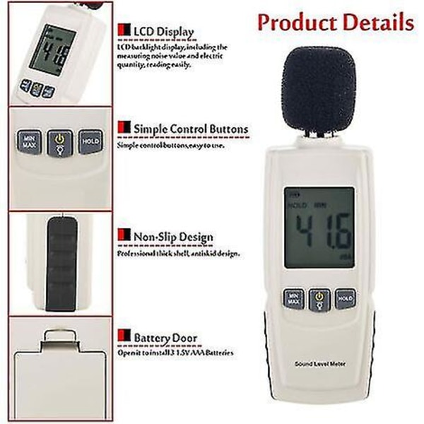 Digital ljudnivåmätare, Digital Decibel Tester 30-130dB(A) Range,Ljudnivåmätare Decibelmätare med LCD-skärm för hemmet,1 st