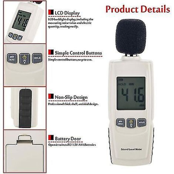 Digital ljudnivåmätare, digital decibeltestare 30-130dB(A) intervall, ljudnivåmätare decibelmätare med LCD-display för hem, 1 st