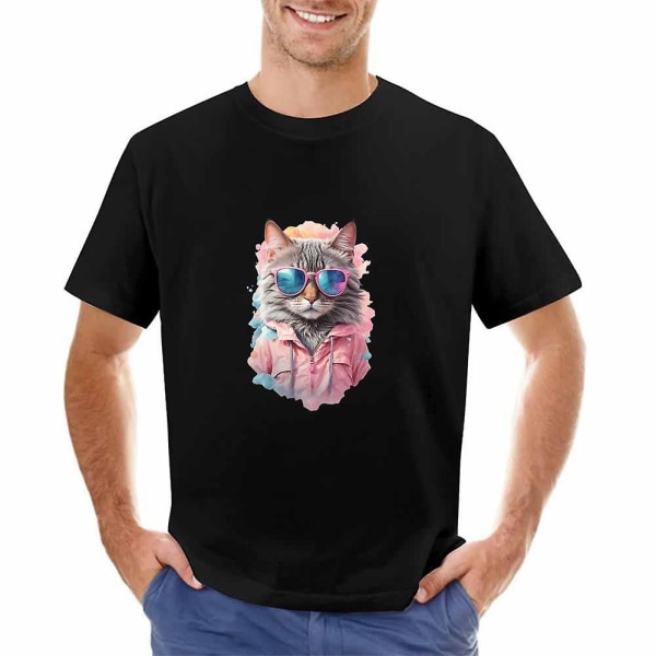 Suloiset aurinkolasit Kissa Pastelli Akvarelli Graafinen T-paita Lovely Animal Lyhythihainen (M, musta)