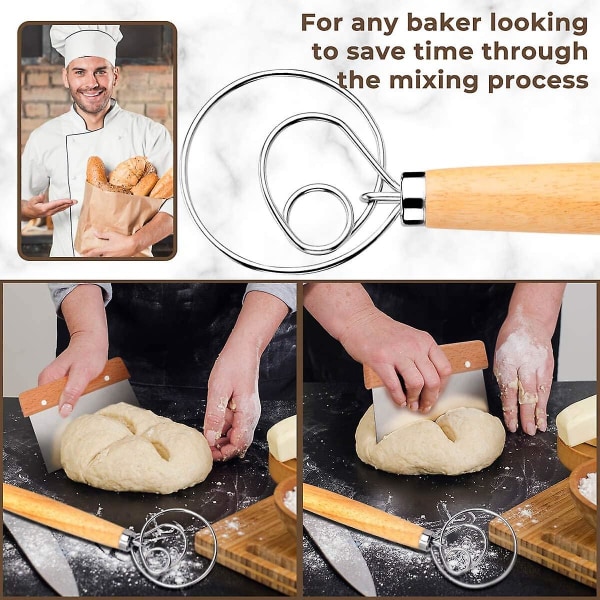 Dansk degvisp Brödmixer 2-pack Premium holländsk visp i rostfritt stål med degskrapa för bröd, bakverk eller pizzadeg - perfekt bakning