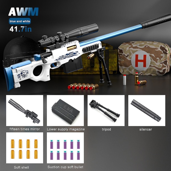 AMW/98K Gun Sniper Rifle Soft Bullet Gun Shell Ejecting Blaster Kids Toy Set, 100 % nytt (blå)