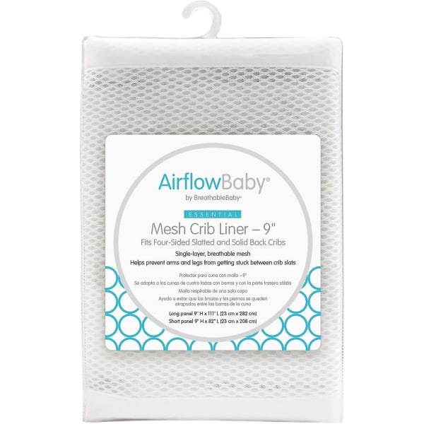 Airflowbaby Mesh Crib Liner \u2014 Essential Collection \u2014 White 9\u201d \u2014 Fits Full-size Four-sided Slatted And Solid Back Cribs