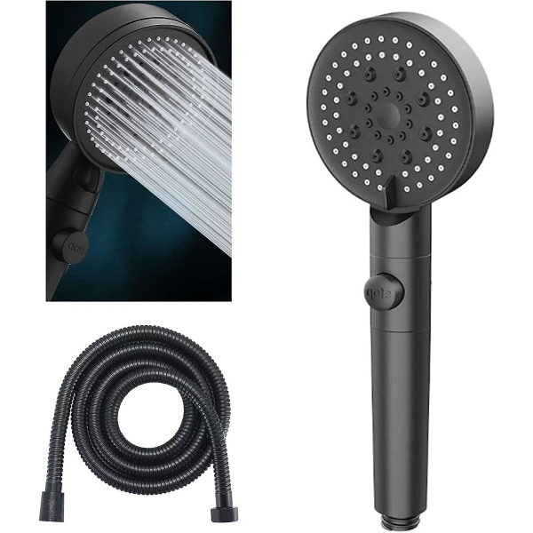 Läge Vattenbesparande duschmunstycke, justerbart duschmunstycke, avstängning med en knapp, universal högtrycksbadrum (svart)