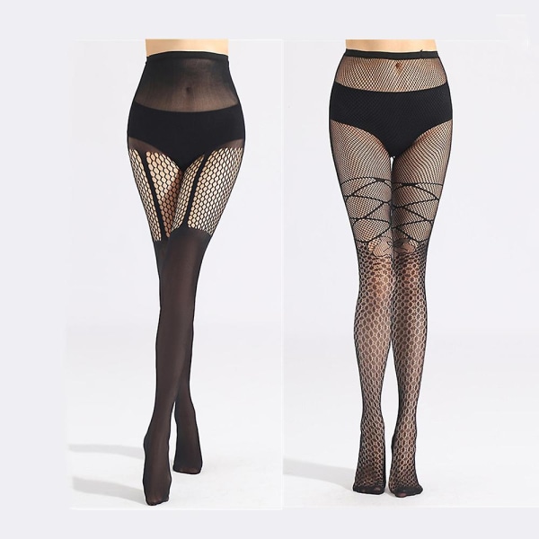 2 par gjennomsiktige nettstrømpebukser, svart mønstret nettstrømpebukse for kvinner, stripete leggings for kvinner med høy midje