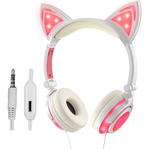 Hodetelefoner for jenter Gutter, blinkende LED-hodetelefoner med mikrofon på øret Universalt kablet 3,5 mm stereohodesett