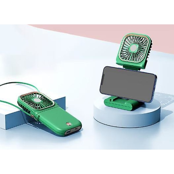 Grön handsfree USB uppladdningsbar hopfällbar skrivbordsfläkt med mobiltelefonhållare Power Bank Multifunktionell personlig fläkt