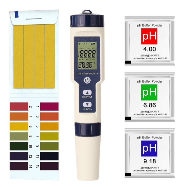 5 i 1 professionell multiparameter Combo Testing Meter PH/EC/TDS/Salthalt/Termometer Digital