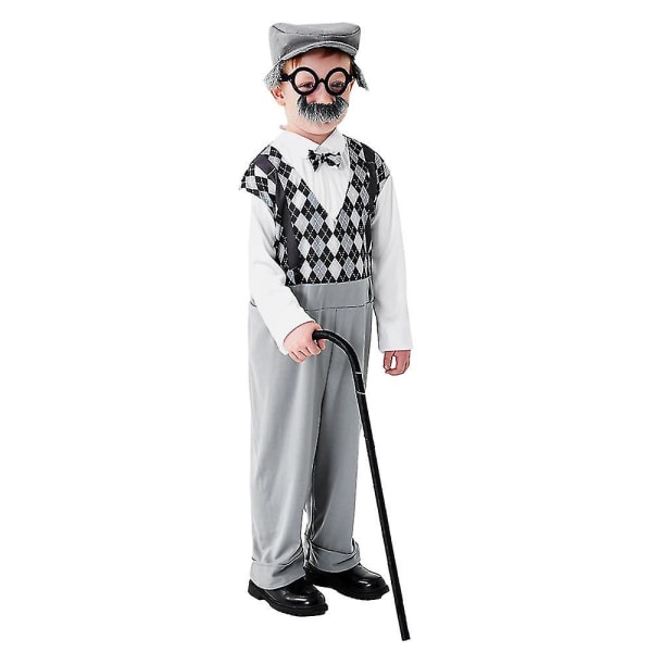 2-12 år Barn Gutter Gammelmann-kostyme, bestefar-utkledningstilbehørsett Halloween Cosplay-sett (10-12 år, grått)