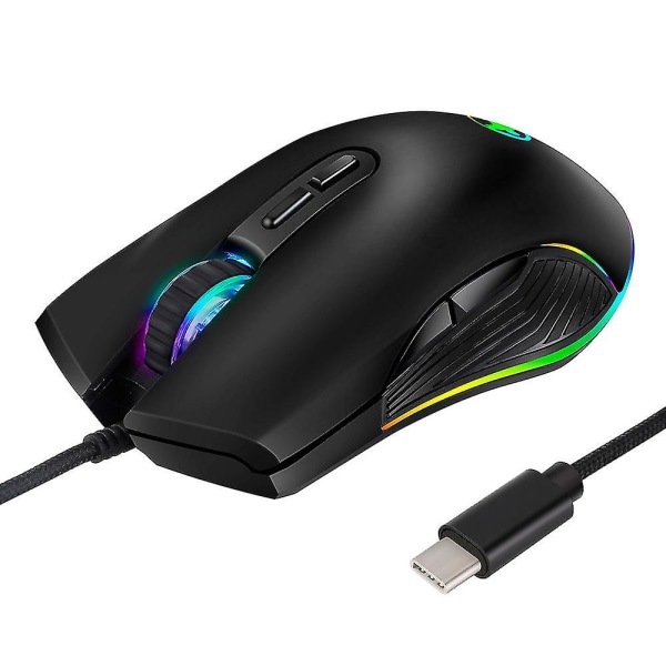 USB C -hiiri Type C Ergonominen langallinen hiiri Optinen RGB-hiiri (musta)