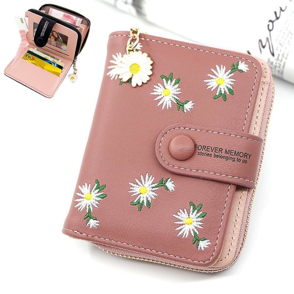 Daisy-plånbok för kvinnor, liten hopfällbar läderväska för damer med kontant-ID Kreditkortshållare, myntväska med dragkedja Pengapåsar som present till LadyPink