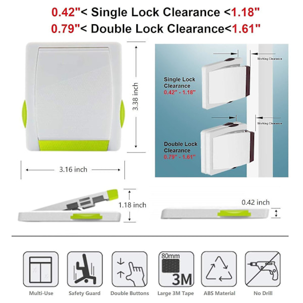 Skydedørsbarnesikring - Okefan 2-pak  Sikkerhedsskydevindueslåse til børn Sikkerhed for terrasse- og skabslåger Ingen boring krævet (grøn)