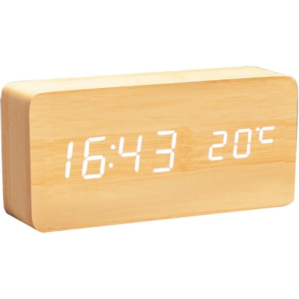 Digital Träklocka - Multifunktionell LED-väckarklocka med tid/datum/temperaturdisplay och röststyrning