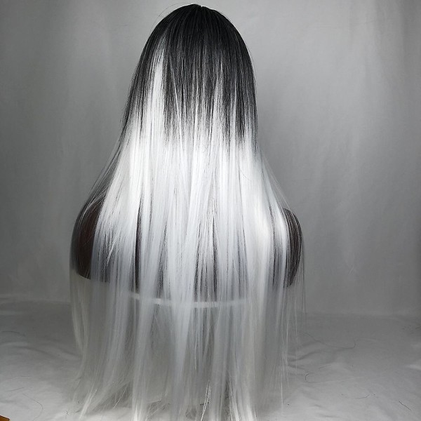 Wig Lady Qi Bangs Gradient Langt Lige Hår Sort Og Hvid
