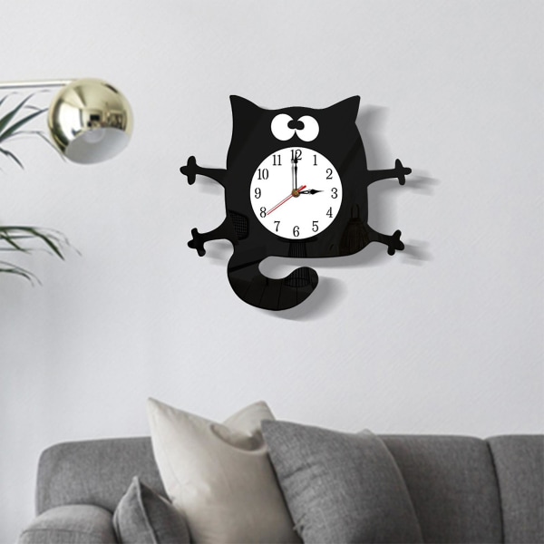 DIY Cat Akryl Väggklocka Kreativ klocka för heminredning för vardagsrummet sovrum (svart)