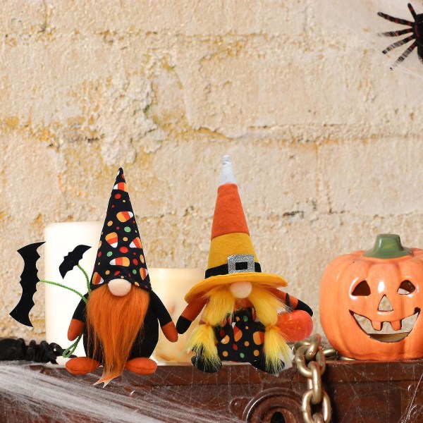 Halloween-dekorasjonssett: 2-pack svenske nisser for halloweenfestatmosfære uten ansikt Dvergdukker, edderkopp- og flaggermusrekvisitter (svart + gul)