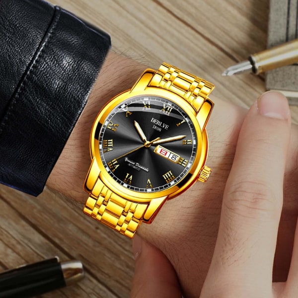 Armbandsur för män Lyxiga rostfria watch för mötes- och dejtingjubileum（Blue Faced Golden Band)