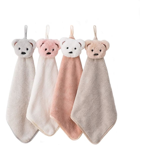 4-pack hängande handdukar för badrum och kök, ultratjock handduk med hängslinga, söta barn/barn mikrofiberbjörnhanddukar. mjuk, absorberande, fa