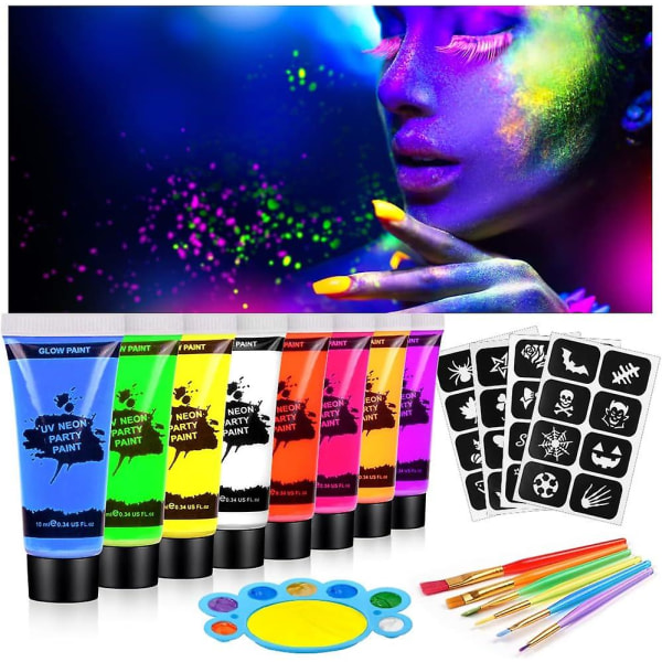Face Body Paint Kit 19 stk, Body Paint, 8*10ml Uv Glow Fluorescerende Malerør til Ansigt og Krop, Halloween Jul Neon Makeup
